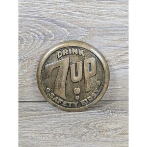 Vtg. DRINK 7-UP SAFETY-FIRST BRASS SIDEWALK ROAD ADVERTISING MARKER SODA!